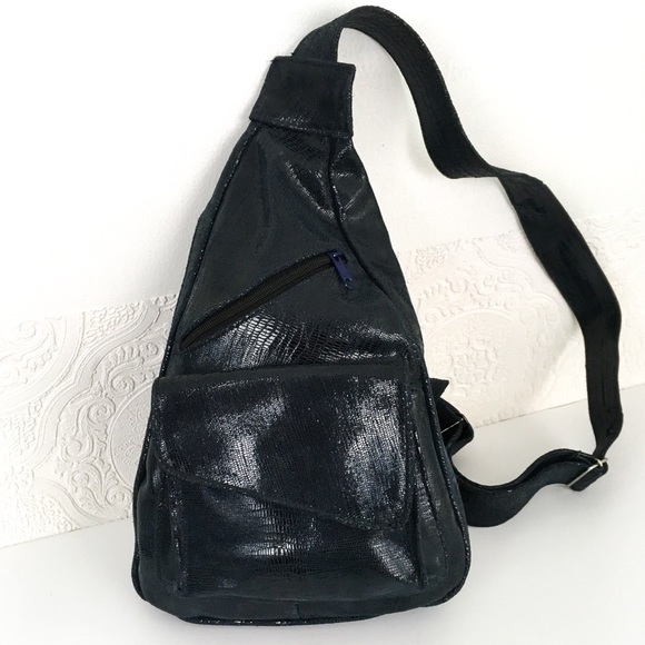 Dark blue crocodile embossed leather sling body crossbody hands free travel bag - Picture 2 of 10